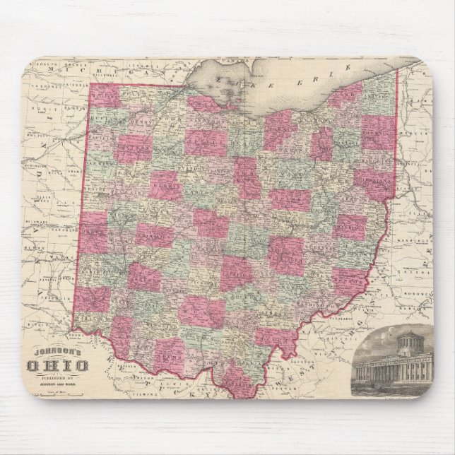 Tapis De Souris Carte ancienne de l'Ohio (1864) (Devant)