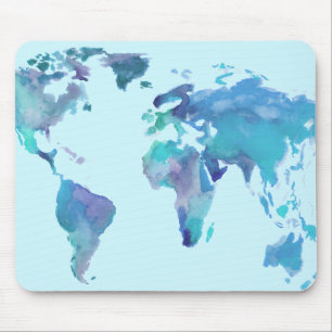 Tapis De Souris Carte bleue du monde d'aquarelle