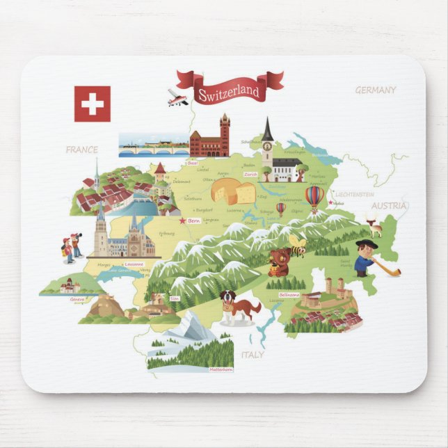 Tapis De Souris Carte de bande dessinée de la Suisse (Devant)