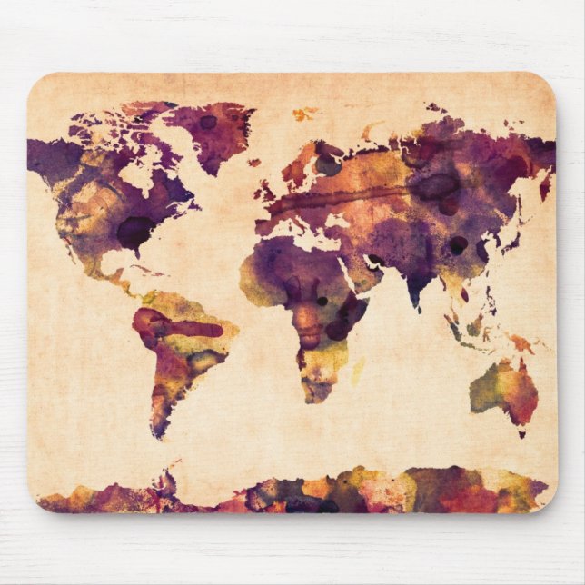 Tapis De Souris Carte de la peinture d'aquarelle de carte du monde (Devant)