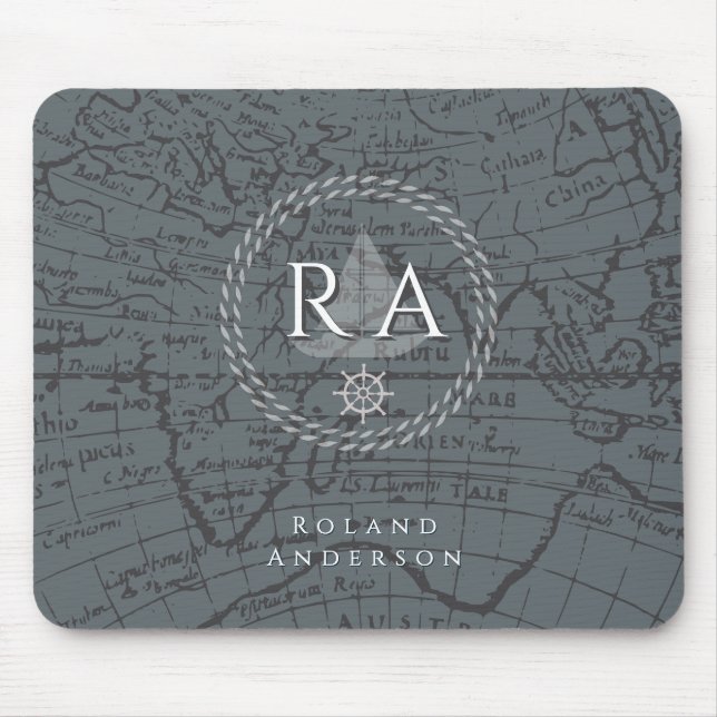 Tapis De Souris Carte de monogramme de corde nautique grise (Devant)