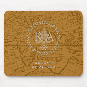 Tapis De Souris Carte de monogramme de corde nautique marron