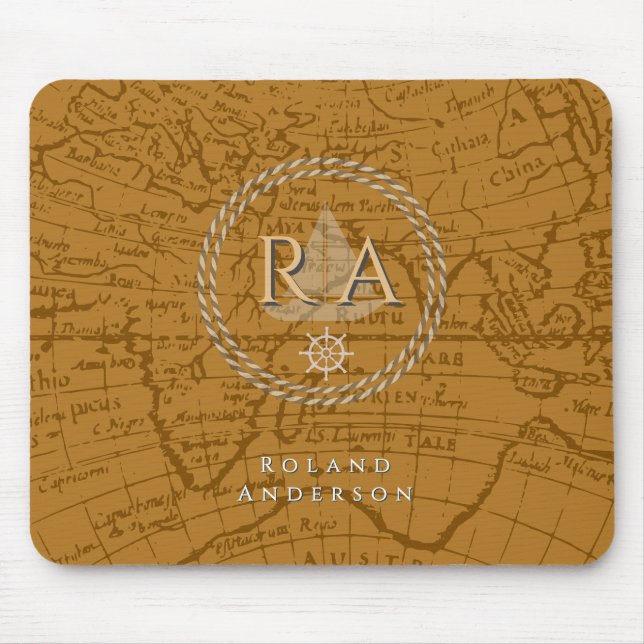 Tapis De Souris Carte de monogramme de corde nautique marron (Devant)