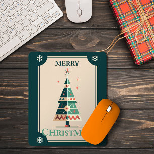 Tapis De Souris Carte de Noël rétro avec motif d'arbre géométrique