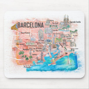 Tapis De Souris Carte de voyage illustrée de Barcelone avec route