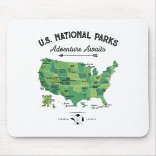 Tapis De Souris Carte des 62 parcs nationaux Vintage Camping Hiki
