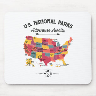 Tapis De Souris Carte des 63 parcs nationaux américains rétro vint