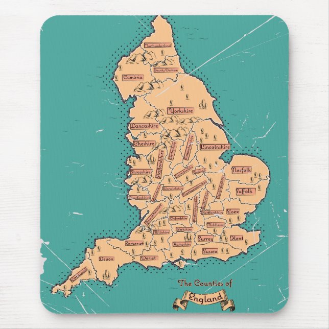 Tapis De Souris Carte des comtés vintage d'Angleterre (Devant)