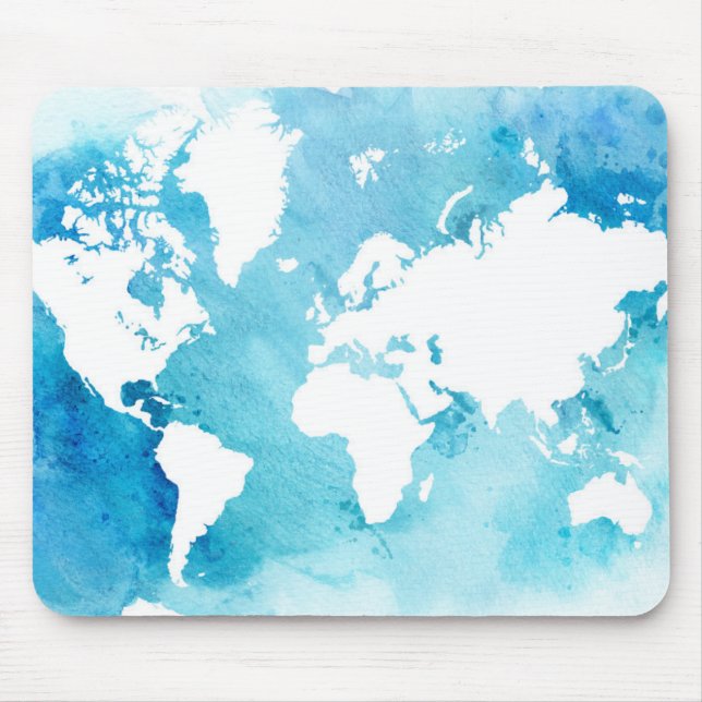 Tapis De Souris Carte du monde dans des bleus d'aquarelle (Devant)