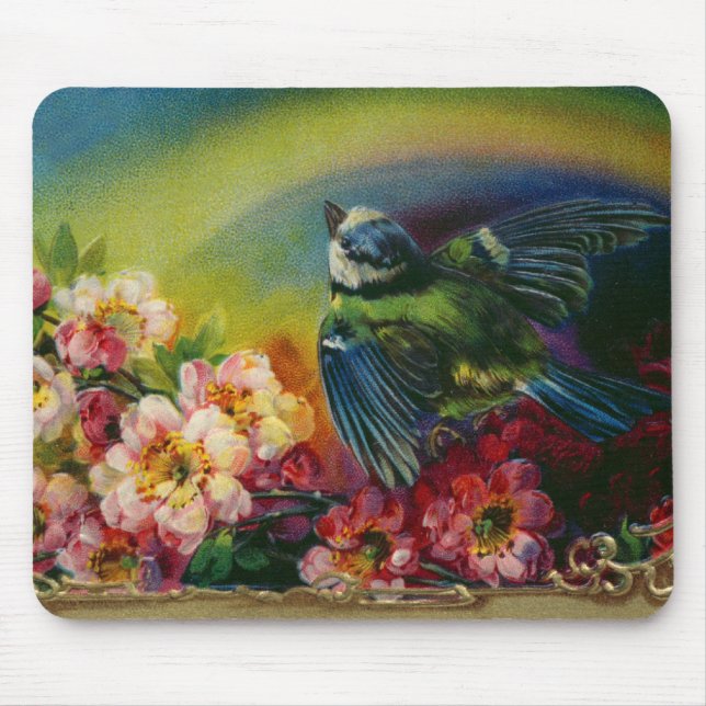 Tapis De Souris Carte postale Oiseau et Fleurs Mousepad (Devant)