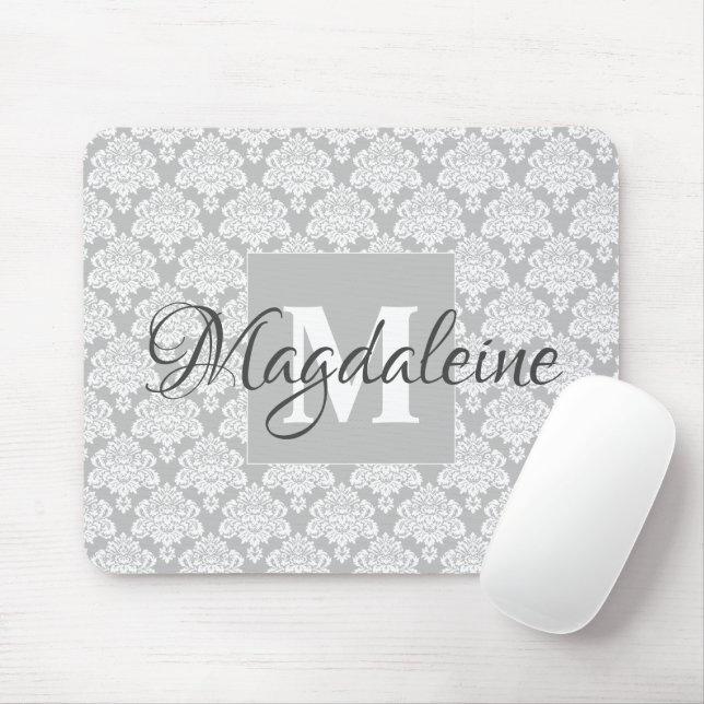 Tapis De Souris Carte souris gris Damas avec monogramme et nom (Avec souris)