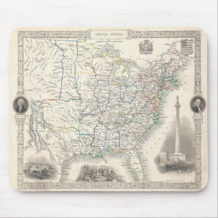Tapis De Souris Carte vintage des États-Unis par Tallis et Rapkin