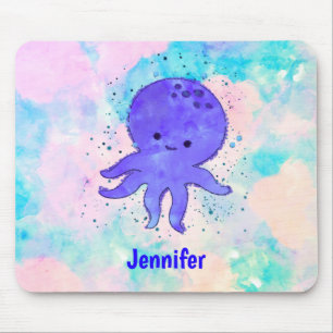 Tapis De Souris Carton bleu octopus Aquarelle Nom personnalisé