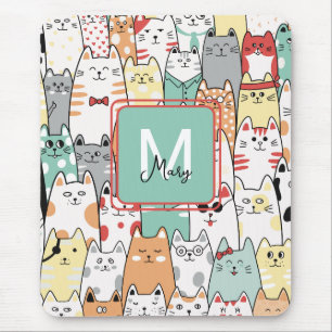 Tapis De Souris Cartoon coloré Chat Kitty Nom Monogramme Plaque de