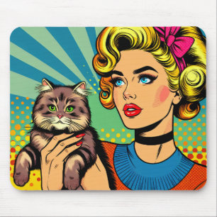 Tapis De Souris Cartoon Comic Pop Art Femmes tenant un chat