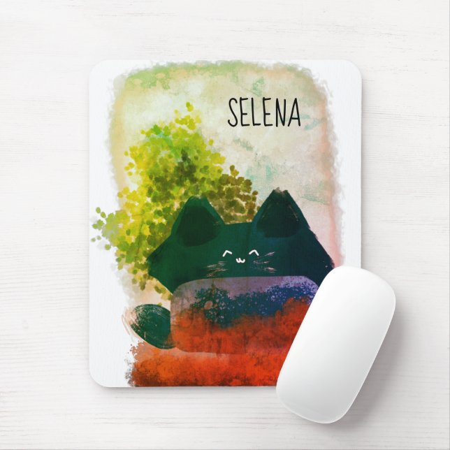 Tapis De Souris Cartoon élégant Cute Caché Fluffé Bleu Chat (Avec souris)