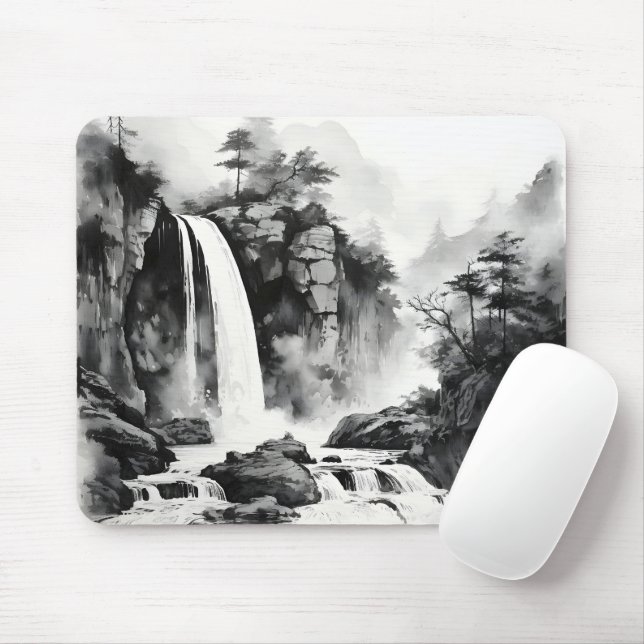 Tapis De Souris Cascade peinture asiatique à l'encre (Avec souris)