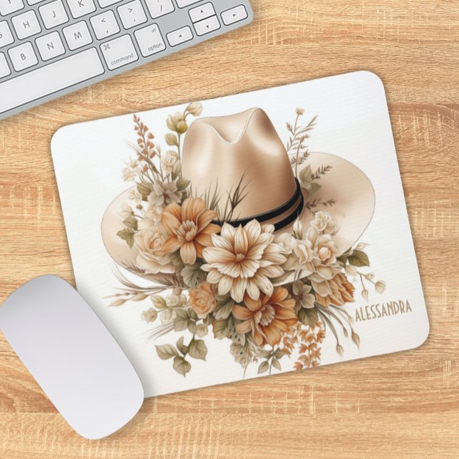 Tapis De Souris Casquette Cowgirl personnalisé Souris Rustique Oue (Elegant Shabby Chic Cowgirl Hat with Wildflowers Personalized Mouse Pad)