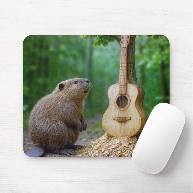 Tapis De Souris Castor Admirant Sa Guitare Crée Sur Un Arbre (Avec souris)