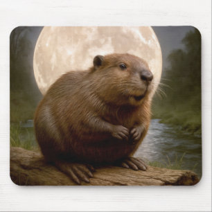 Tapis De Souris Castor sur un rondin avec pleine lune