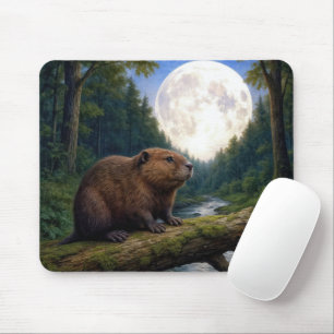 Tapis De Souris Castor sur une bûche de rivière au clair de lune