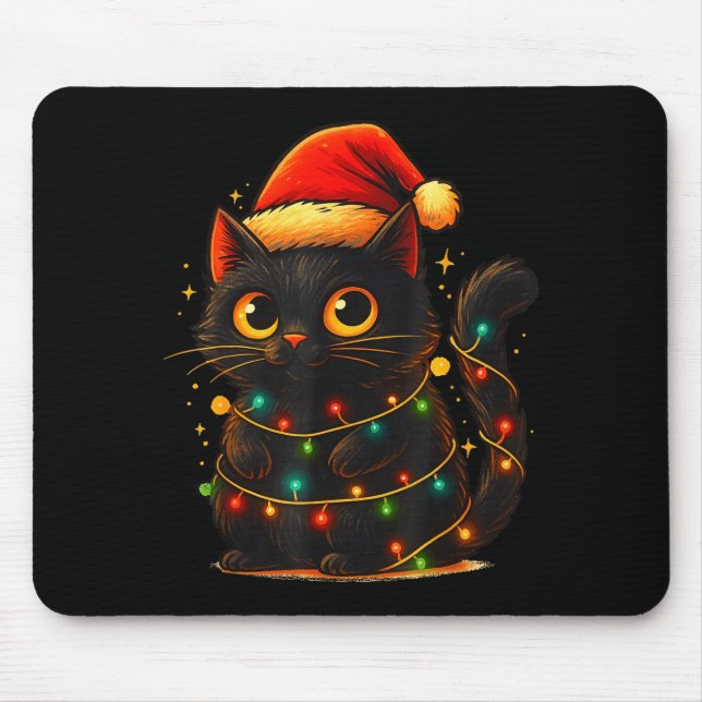 Tapis De Souris Cat Black Christmas Tree Lights Funny Santa Kitten (Devant)