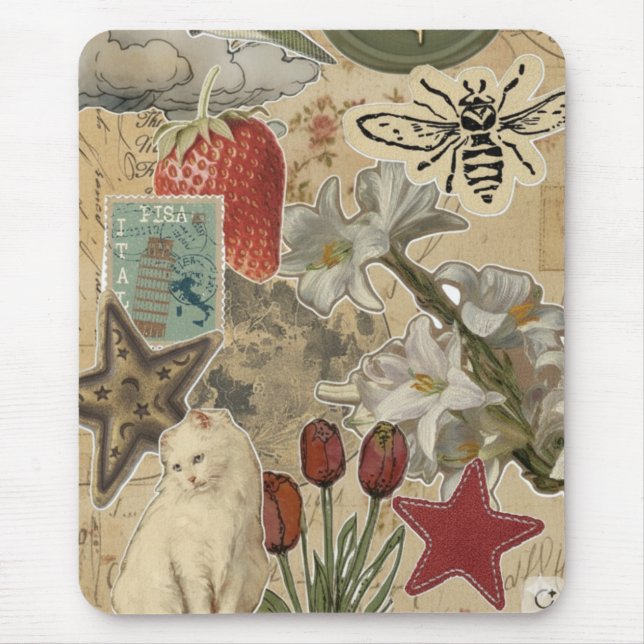 Tapis De Souris Cat Floral Collage Pattern – Cute Artistic Design (Devant)