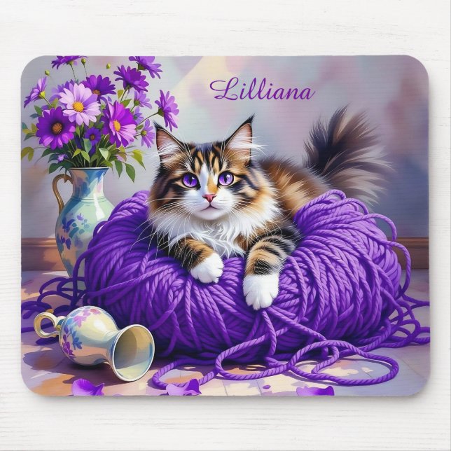 Tapis De Souris Cat  in Purple Yarn and Flowers Personalized (Devant)