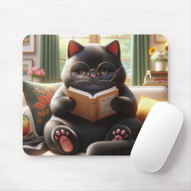 Tapis De Souris Cat is reading a book on sofa (Avec souris)