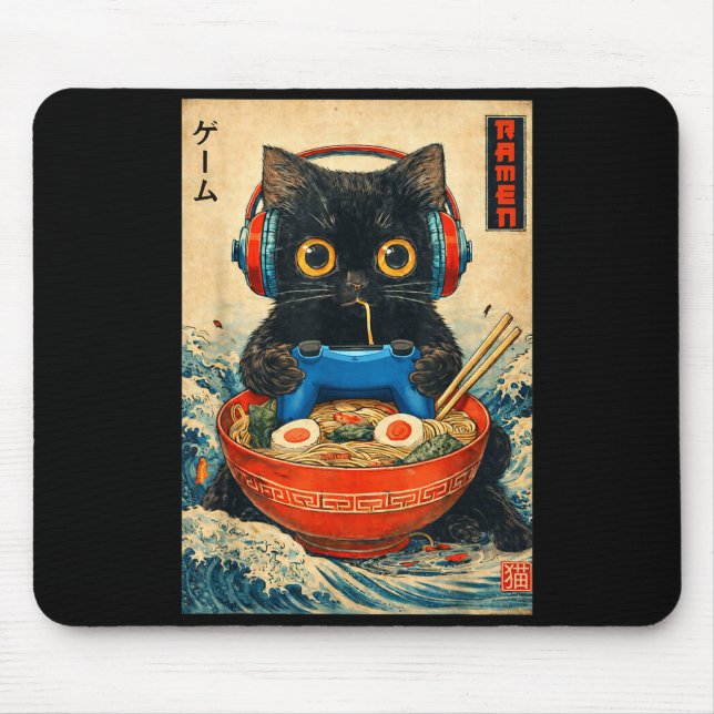 Tapis De Souris Cat Ramen Japanese Funny Graphic Tees Kawaii Cat A (Devant)