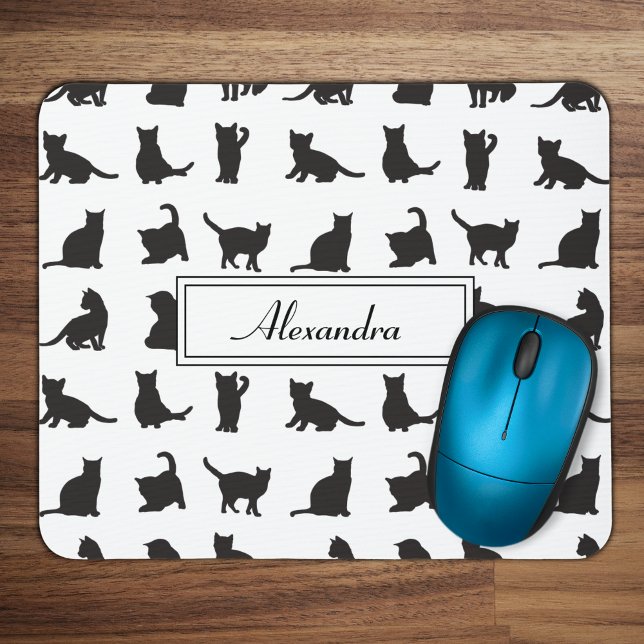 Tapis De Souris Cats in Black Silhouette Pattern with First Name (Créateur téléchargé)