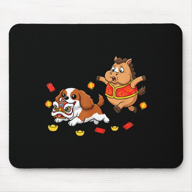 Tapis De Souris Cavalier King Charles Spaniel Cheval Chinois Heure (Devant)
