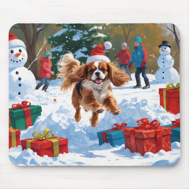 Tapis De Souris Cavalier King Charles Spaniel Neige avec Noël  (Devant)