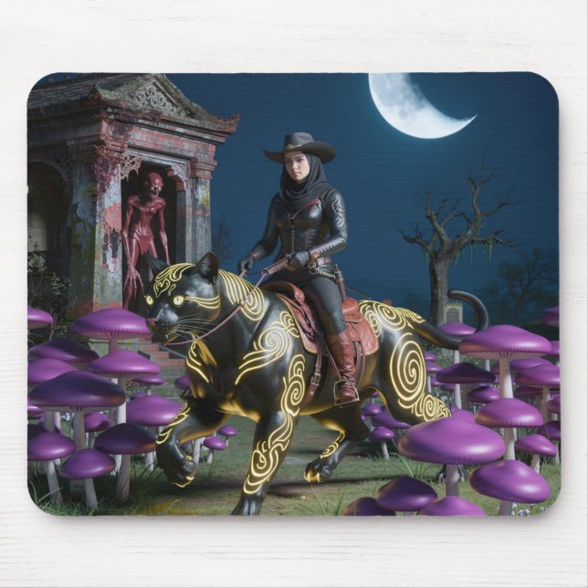 Tapis De Souris Cavalier noir chat noir champignons goule (Devant)