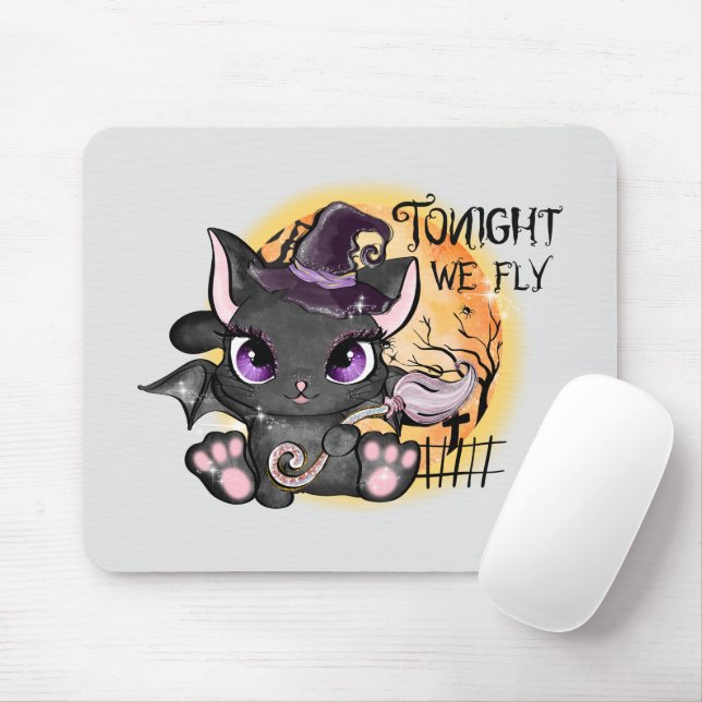 Tapis De Souris Ce soir, nous volons - Chat Sorcière Noire (Avec souris)