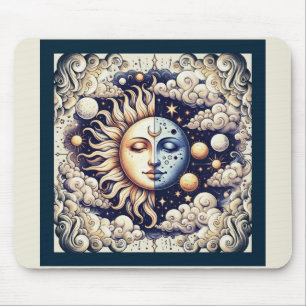 Tapis De Souris Céleste Vintage Demi Soleil & Lune Bleu Jaune