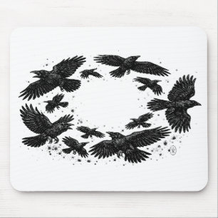 Tapis De Souris Cercle de corbeaux – Illustration à l'encre hantée