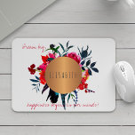 Tapis De Souris Cercle de cuivre floral inspirant des mots et votr<br><div class="desc">Stylish girly glam sophistiqué tapis de souris avec une belle aquarelle bohème peint à la main rouge,  rose chaud et bleu marine roses et bouquet de plumes et avec un cercle métallique en cuivre ayant votre nom à l'intérieur. Personnalisez-le avec votre nom et votre texte inspirant \ citation!</div>