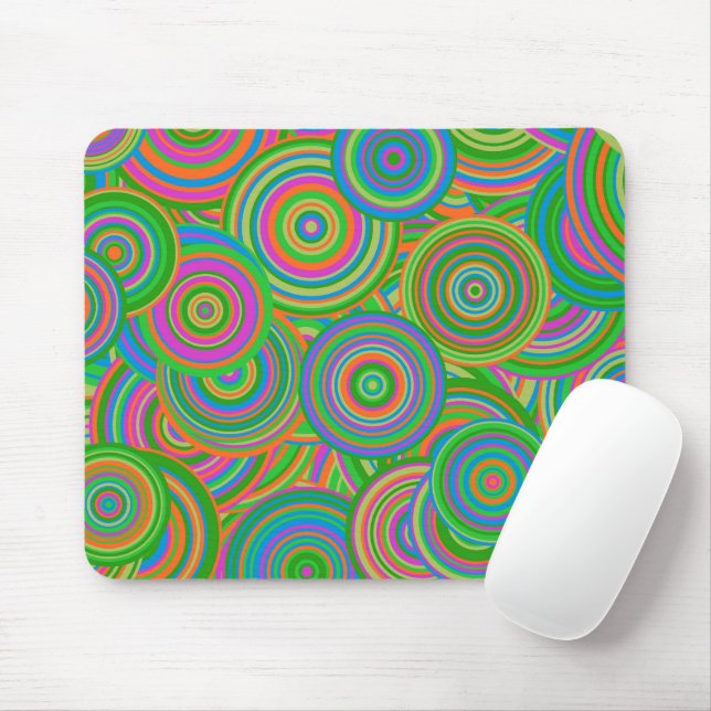 Tapis De Souris Cercles abstraits rétro mod, vert et rouge orange (Avec souris)