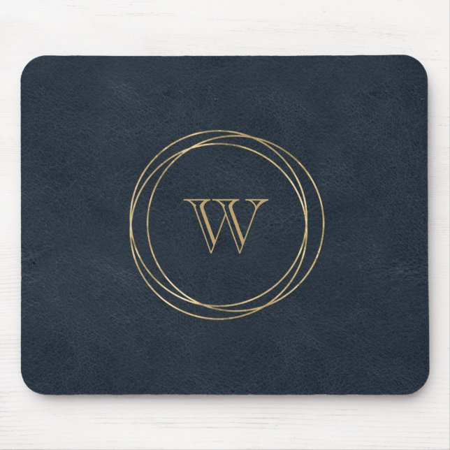 Tapis De Souris Cercles dorés monogramme bleu foncé (Devant)