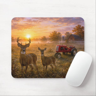 Tapis De Souris Cerf à queue blanche avec tracteur agricole rouge 