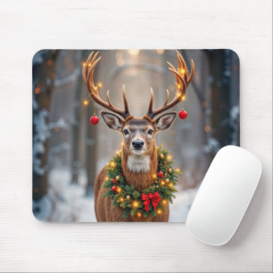 Tapis De Souris Cerf de l'hiver portant une couronne de Noël lumin