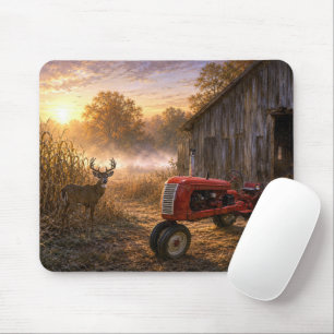 Tapis De Souris Cerf de Virginie et tracteur ancien dans la brume 