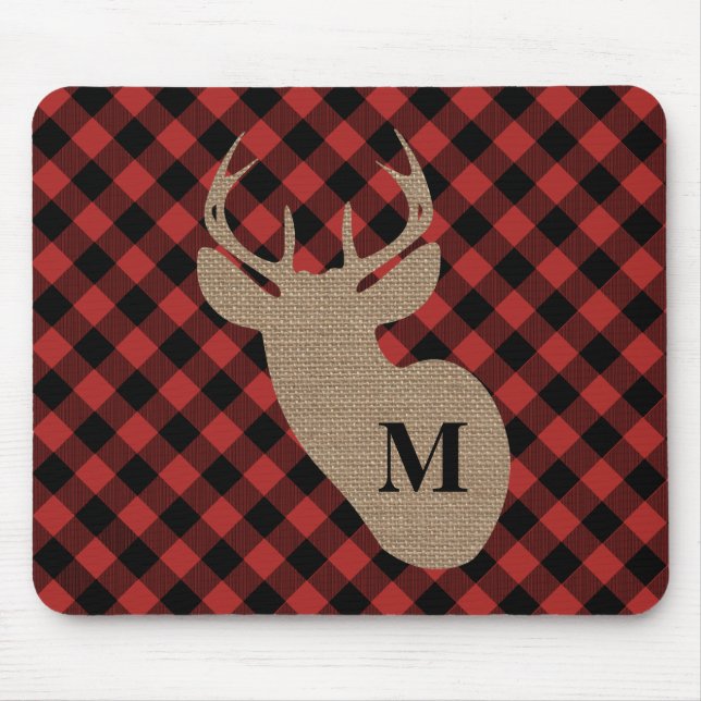 Tapis De Souris Cerfs communs de monogramme de plaid et de toile (Devant)