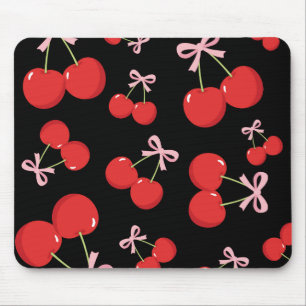 Tapis De Souris Cerises Noires Rouges Nœud Rose Coquette Chic Cott