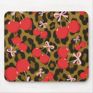 Tapis De Souris Cerises Rouges avec Nœud Rose Imprimé Léopard Coqu