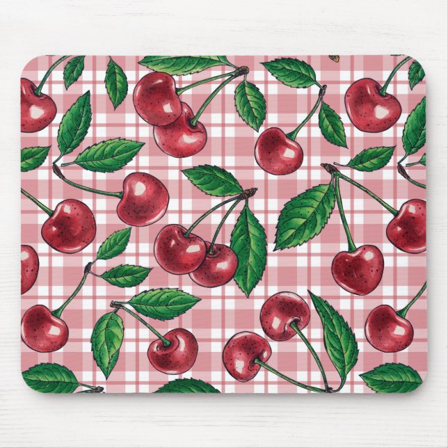 Tapis De Souris Cerises rouges sur vichy rose (Devant)