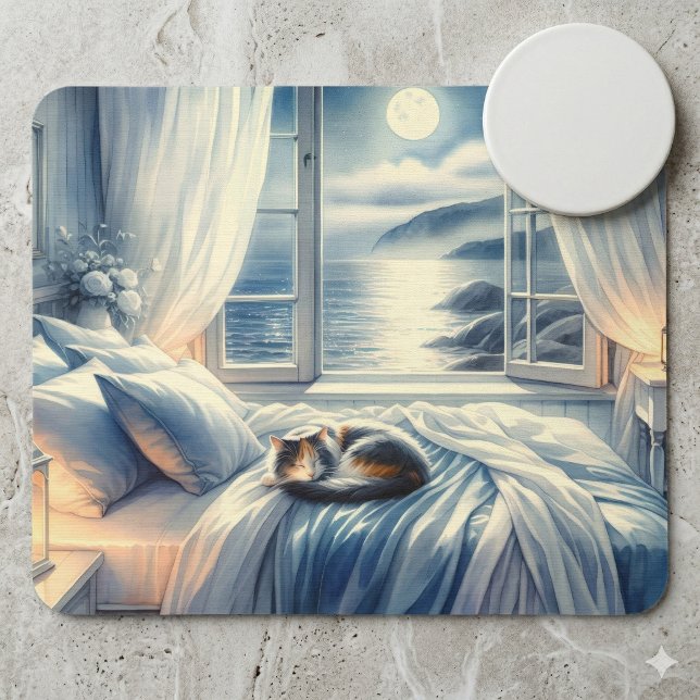 Tapis De Souris Chambre Côtière au Clair de Lune avec Chat Endormi (Moonlit Coastal Bedroom with Sleeping Cat Mouse Pad)
