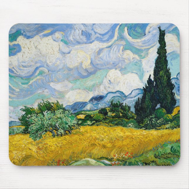 Tapis De Souris Champ de blé Van Gogh avec Cyprès. Impressionnisme (Devant)