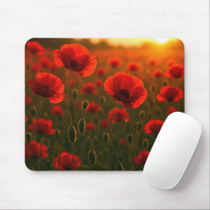 Tapis De Souris Champ de coquelicots rouges au lever du soleil